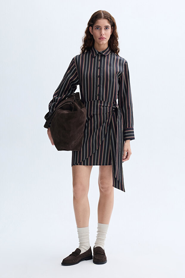 Women's Black Striped Shirt Collar Wrap Mini Dress