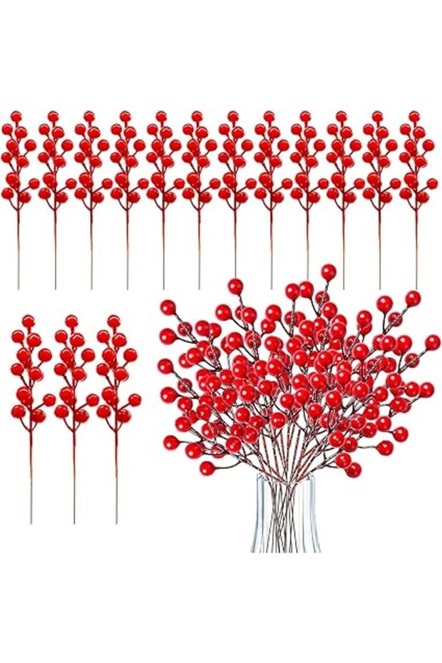 Azonee 30 Pcs Red Artificial Berry Stems, Red Berry Picks, 8 inch Fake Berries Bunch for Tree Decora