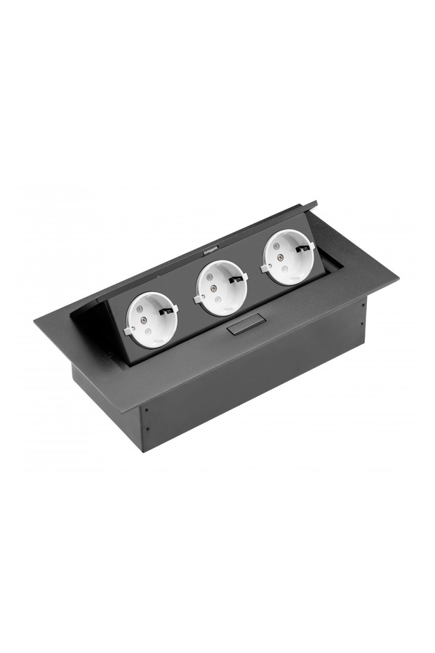 Rectangular recessed socket, 3 schuko sockets, black, white sockets,