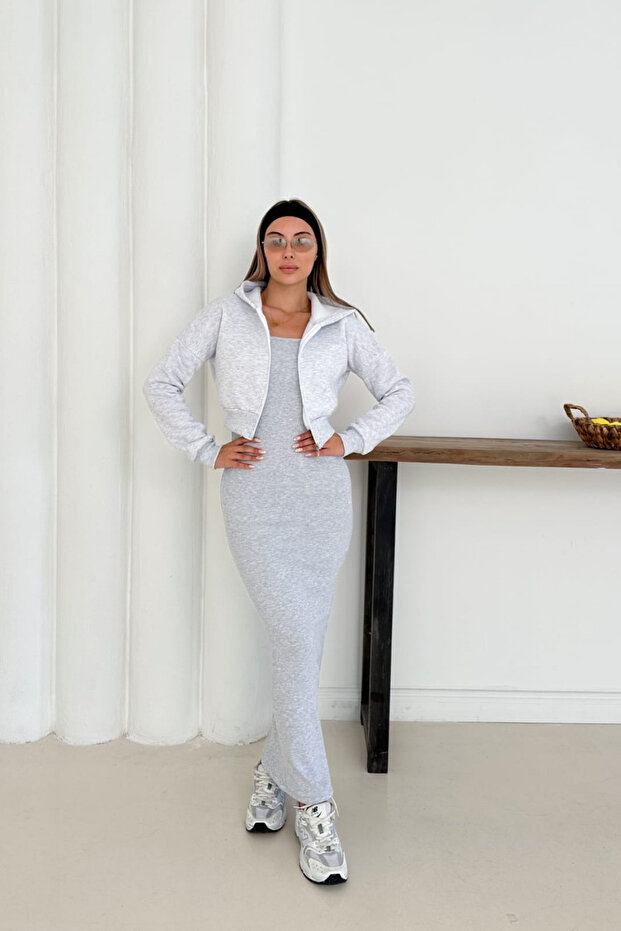 Gri Fermuarlı Crop Hırka & Uzun Elbise Takımı - 6