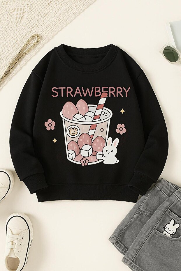3 Yarn Combed Cotton Strawberry Printed Unisex Children's Sweat