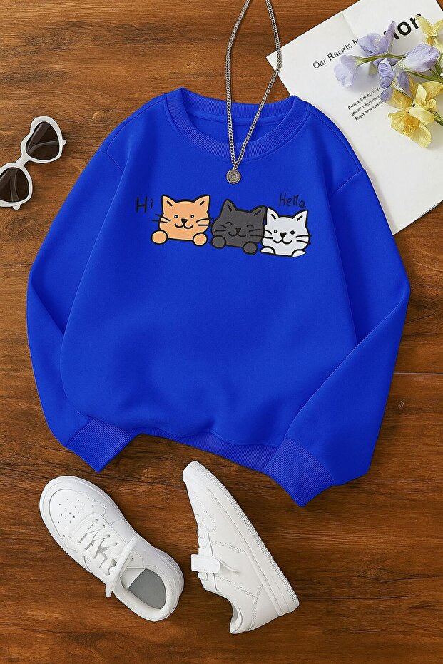 3 Yarn Combed Cotton Hi Hello Cat Printed Unisex Children's Sweat