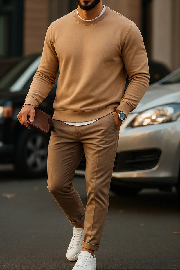 Erkek Basic Bisiklet Yaka Karamel Sweatshirt - 3