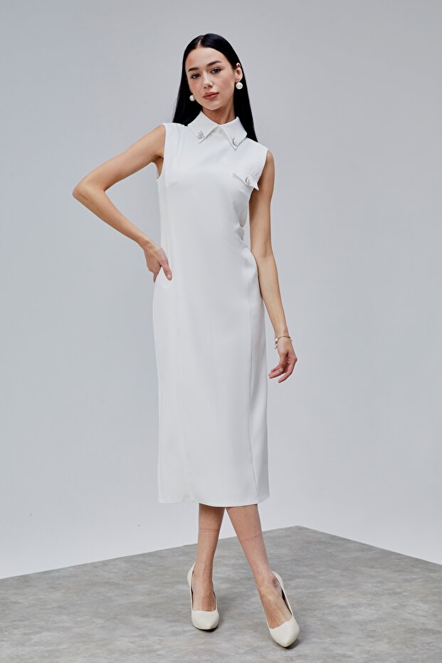 Sıfır Kol Midi Boy Krep Elbise - 5