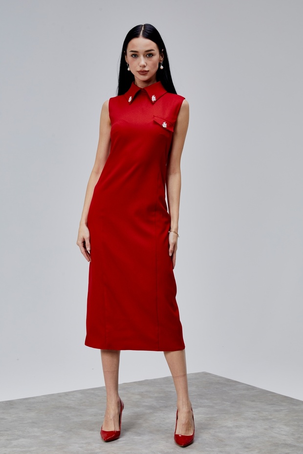 Sıfır Kol Midi Boy Krep Elbise - 2