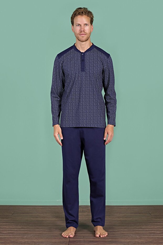Men's Navy Blue Geometric Pattern Long Sleeve Button down Collar Pajama Set C3T3N91