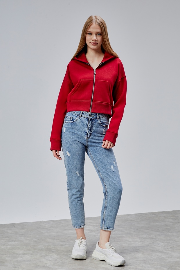 Kadın Kapşonlu Kırmızı Basic Crop Sweatshirt - 7
