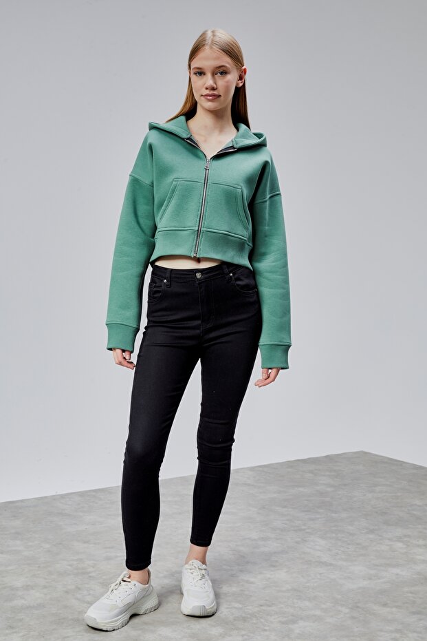 Kadın Kapşonlu Çağla Basic Crop Sweatshirt - 6