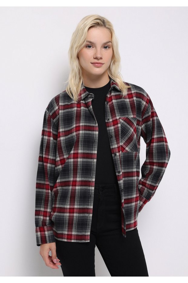 Regular Fit Shirt Neck Plaid Women's Burgundy Long Sleeve Shirt