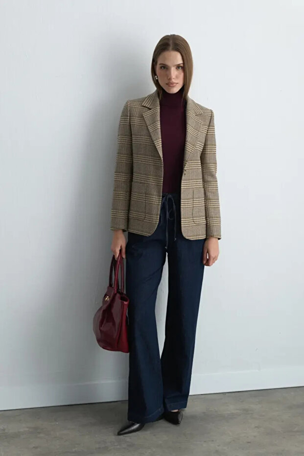 Ekose Blazer Ceket - Bej - 7