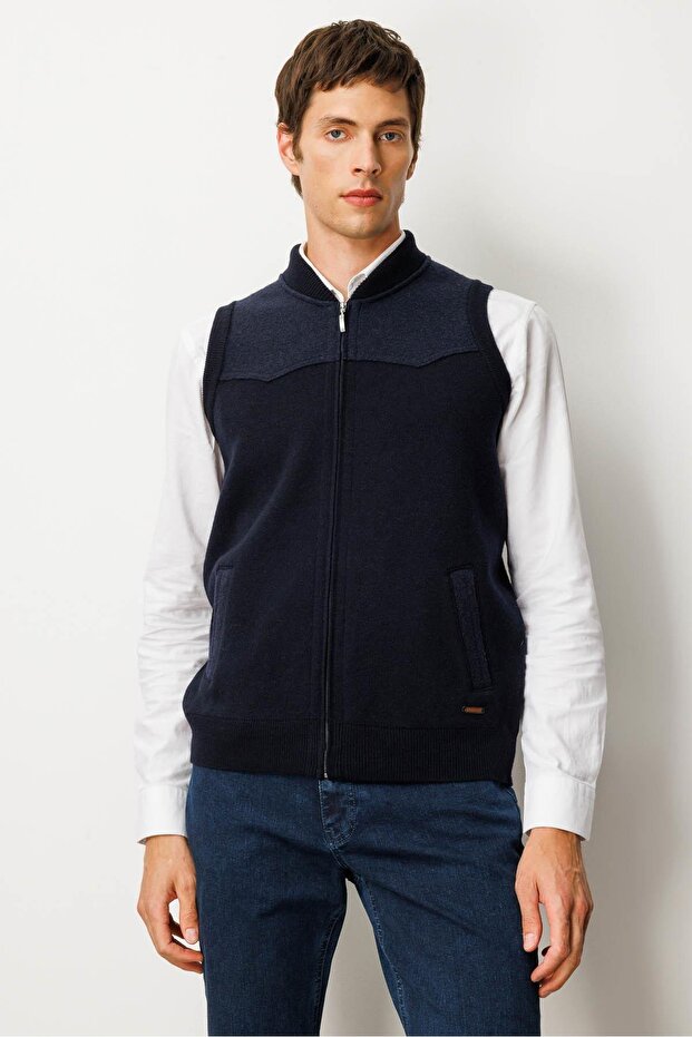 Men's Judge Collar Felt Wool Vest with Chest and Pocket, Dark Blue