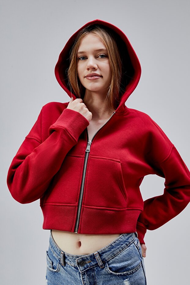 Kadın Kapşonlu Kırmızı Basic Crop Sweatshirt - 6