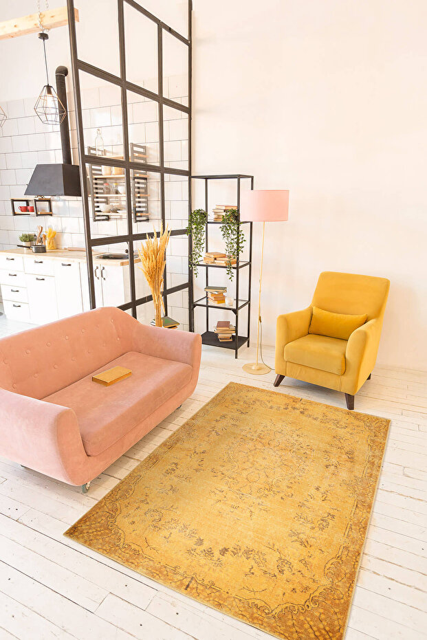 Dorian Eskitme Desenli Dokuma Taban Dekoratif Sarı Halı AL 27 - 1