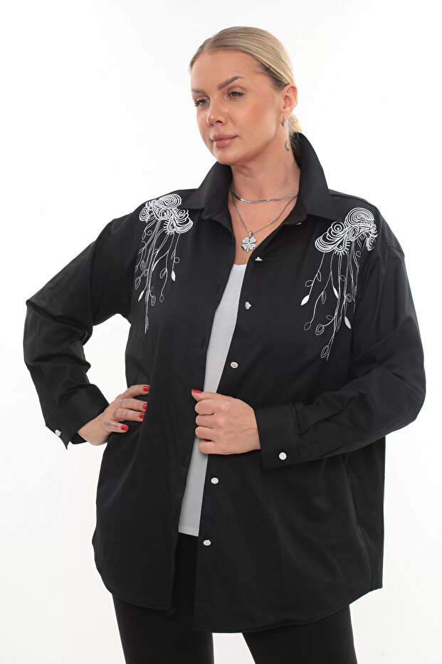 Design Plus Size Women's Embroidered Shirt Long Sleeve Buttoned Casual Stylish Suitable for Matching