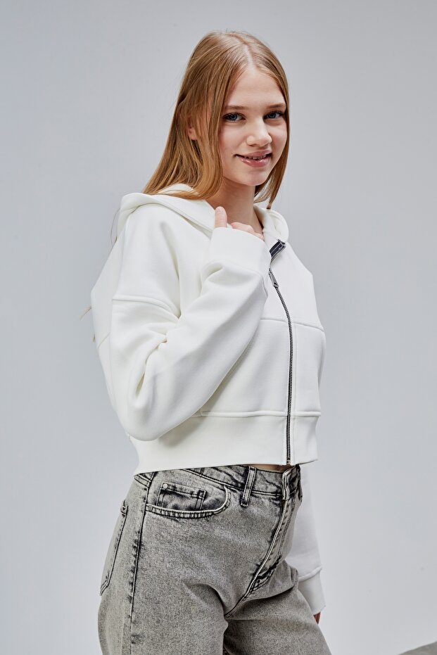 Kadın Kapşonlu Beyaz Basic Crop Sweatshirt - 6