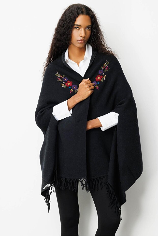Women's Embroidered Collar, Sleeve-Through, Large Wool Poncho, Black