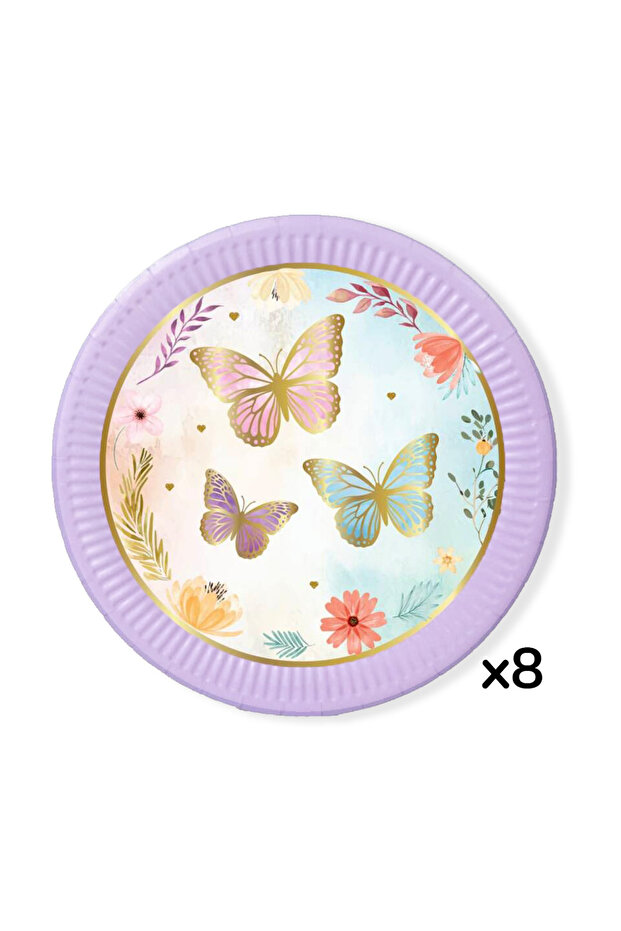 Lila Kelebek Temalı 8'li Bardak Tabak Set - 2