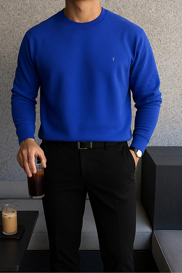 Erkek Kışlık Salaş Basic Mavi Sweatshirt - 2