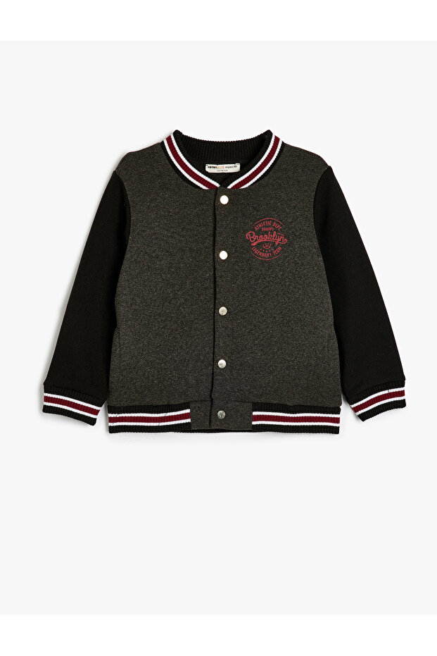 College Jacket with Embroidery Detail, Printed Pockets, and Snap Closure