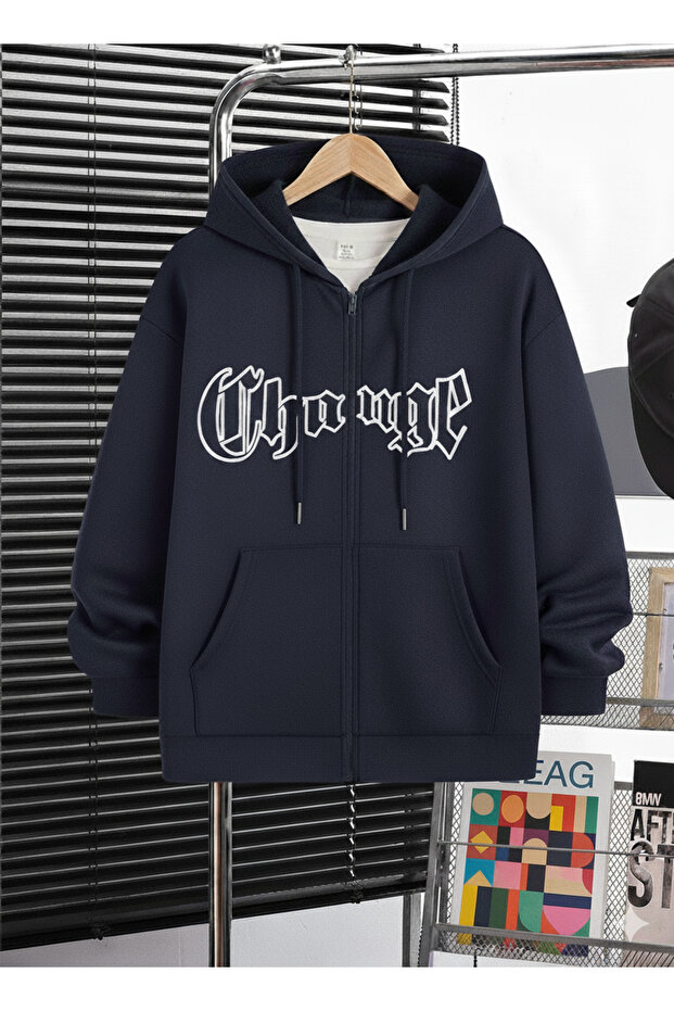 Unisex-navy blue 100% Organic Cotton Thick Fabric Oversize / Wide Cut Zippered Cardigan