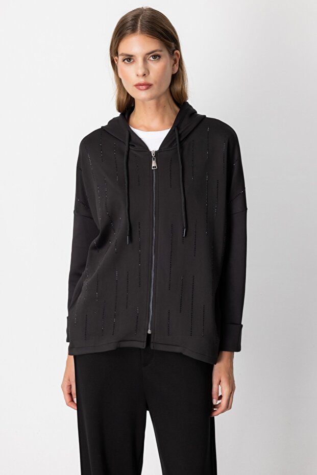 Taş İşlemeli Kapüşonlu Eşofman Üstü - 1