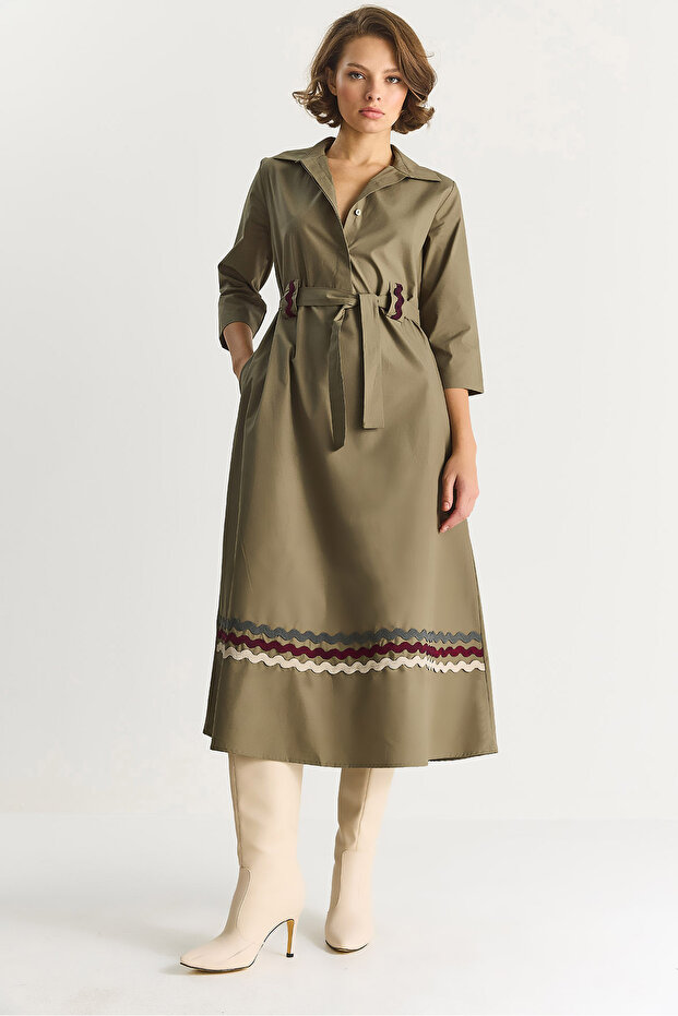 Women's Khaki Embroidery Detailed Collared Belted Shirt Dress 8490 60284072