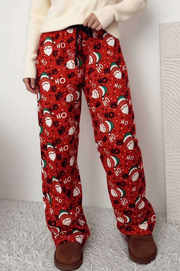 Yılbaşı Temalı Süet Kumaş Geniş Paçalı Pantolon - 6