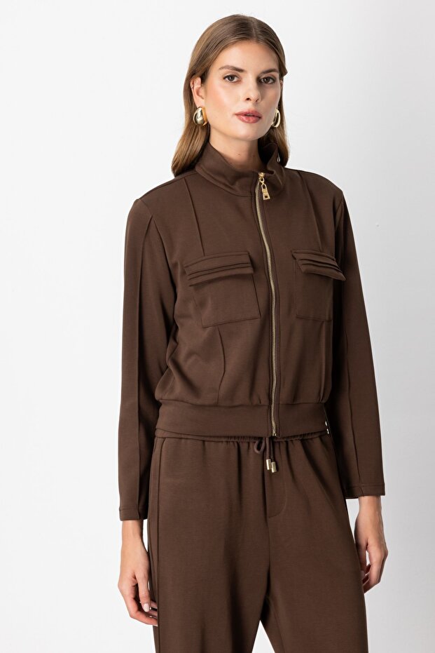 Pockets Detailed Stand Collar Sweatshirt Top