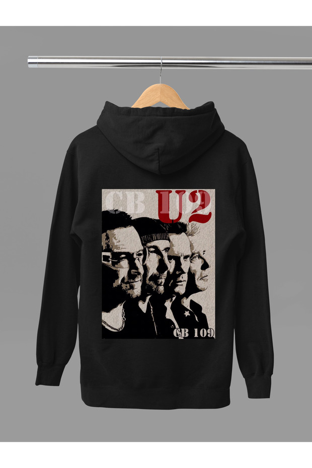 U2 Printed Cotton Long Sleeve Ribbed 3-Ply Hooded Rock Sweatshirt