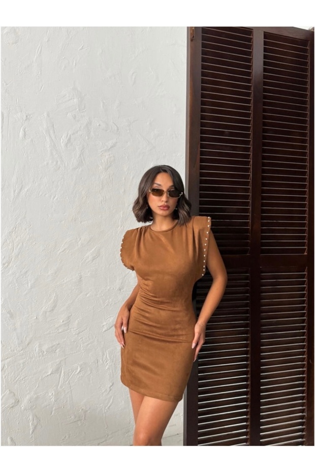 DROPLU SCUBA SÜET ELBİSE - TABA - 3