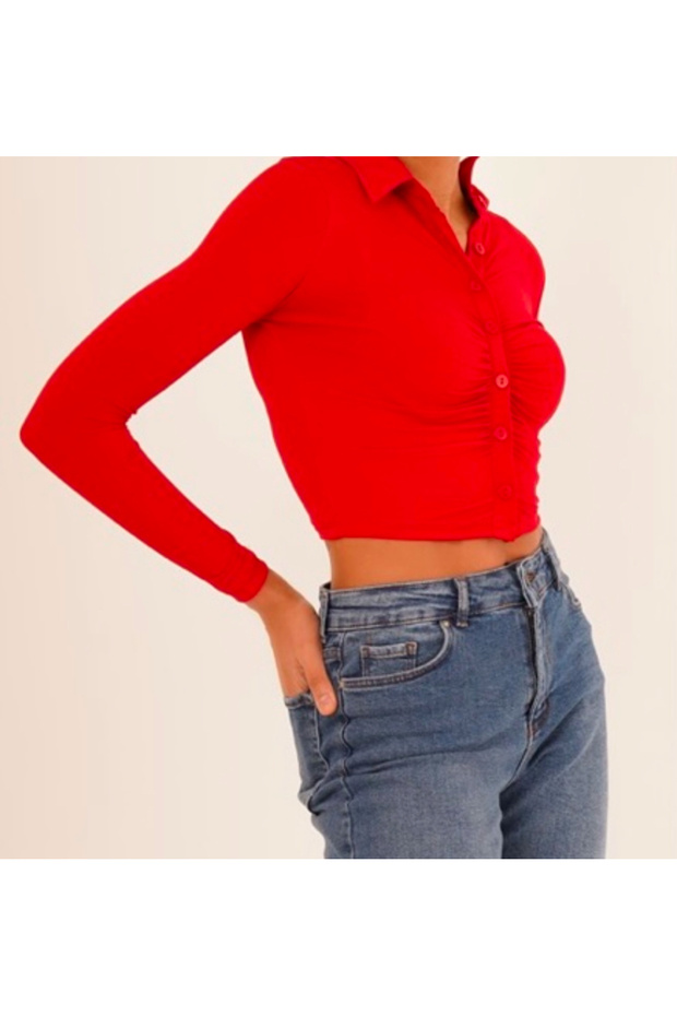 Kırmızı drapeli crop gömlek - 2