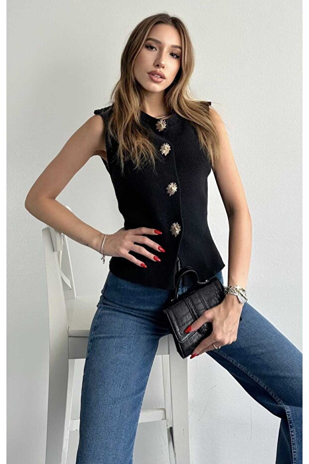 Gold Buttoned Trendy Snap Fastener Knit Vest