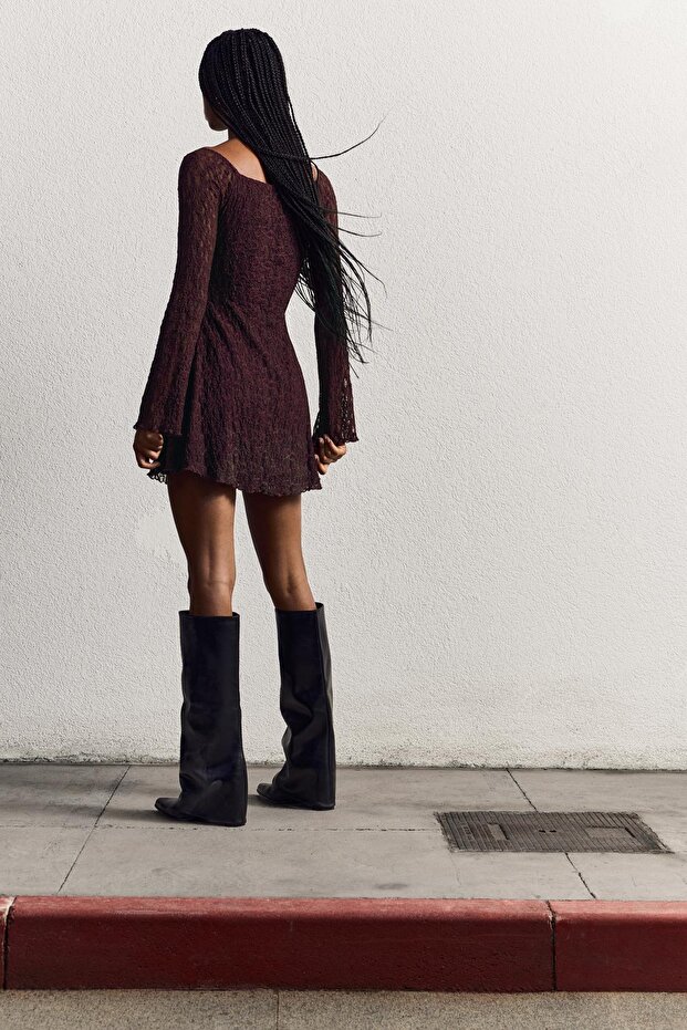 Dantel mini Bardot elbise - 3