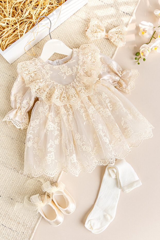 Guipure Lace 4-Piece Baby Girl Religious Ceremony Dress Set