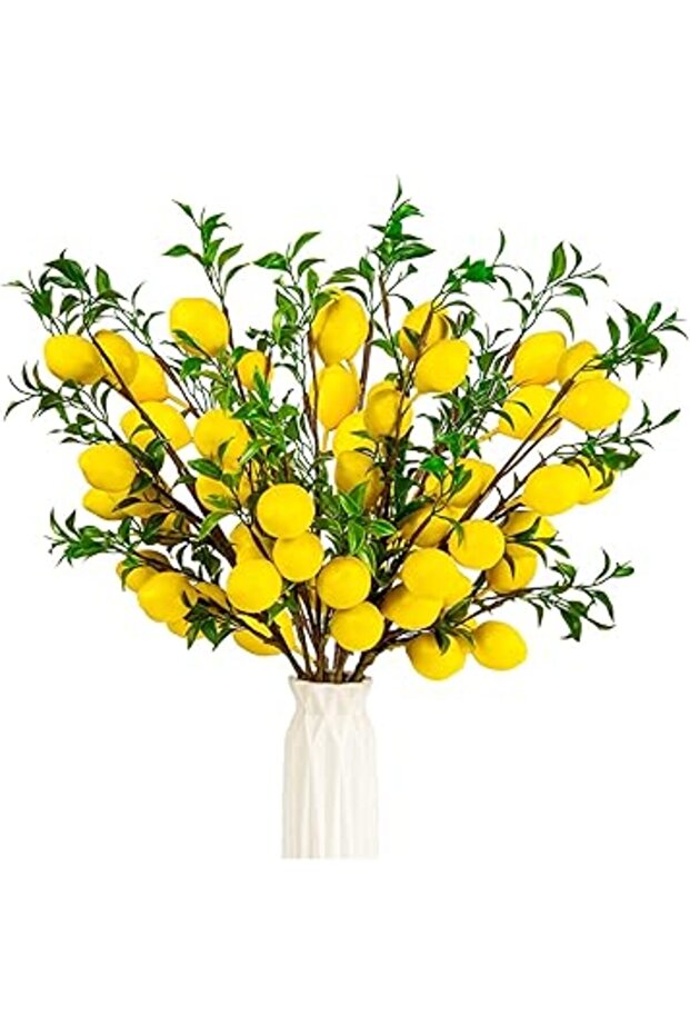 TORINALITAL 4Pcs Artificial Lemons Branch, Vivid Yellow Fake Lemons Branch with Green Leaf and Adjus