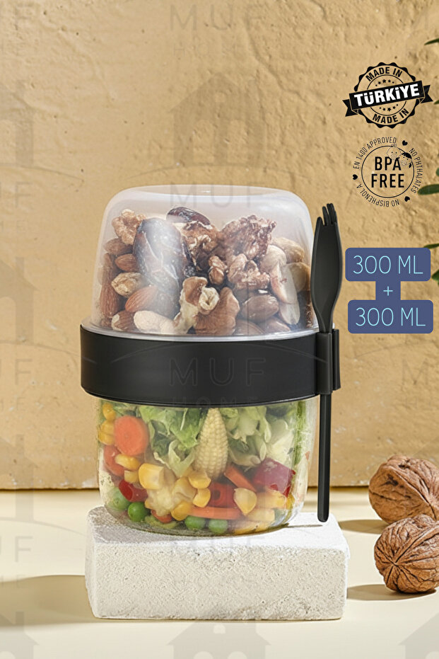Diet and Yogurt Container with Spoon and Fork Oatmeal Muesli Snack Diet Storage Container (300ml + 300ml) - 1