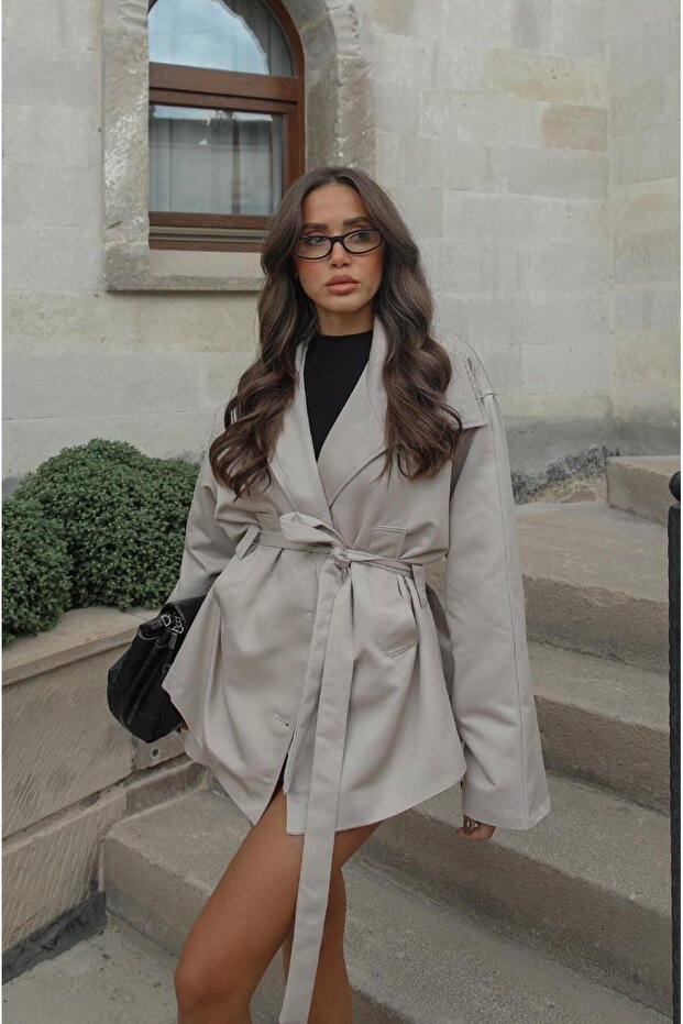 Taş Rengi Coburn Kuşaklı Trençkot Şort Takım - 2