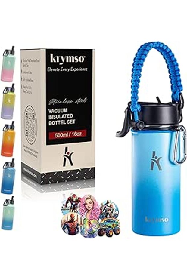 KRYMSO, 500ml Stainless Steel Water Bottle with Ai Stickers for Kids with Straw, Thermos, Insulated
