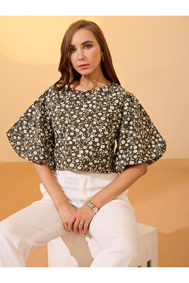 Green Floral Print Puff Sleeves Crop Top