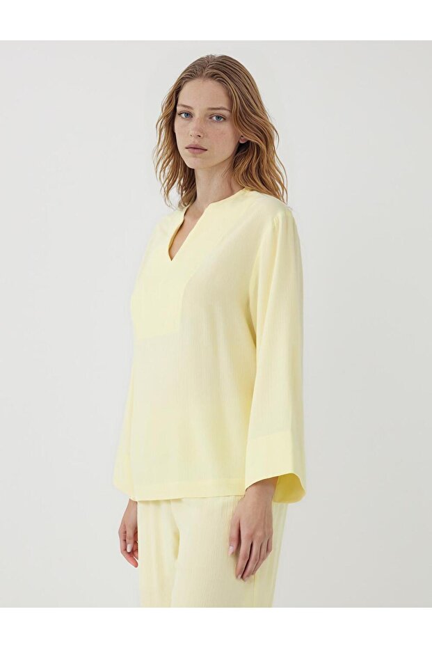 Sarı Rahat Kesim V Yaka Uzun Kollu Bluz - 3