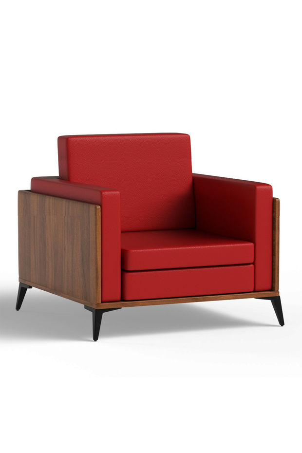 KD 3326 Natural Dijon Walnut Wooden Single Seat Sofa with PU Cushion for Offices, Home-Red
