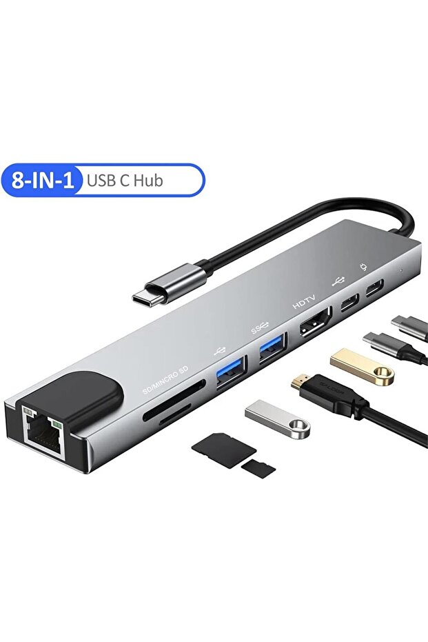 8 in 1 Type C to HDTV Çok Portlu Hub 4K HDMI PD RJ45 USB 3.0 SD TF Çevirici Adaptör - 2
