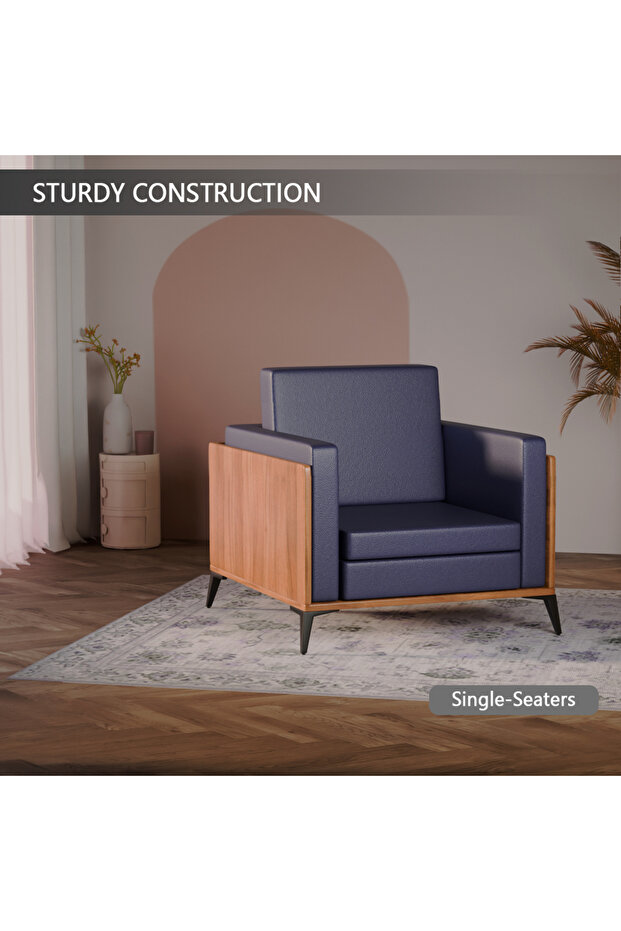 KD 3326 Natural Dijon Walnut Wooden Single Seat Sofa with PU Cushion for Offices, Home-Blue - 5