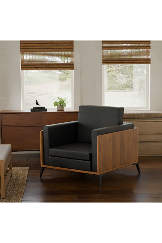 KD 3326 Natural Dijon Walnut Wooden Single Seat Sofa with PU Cushion for Offices, Home-Black - 2