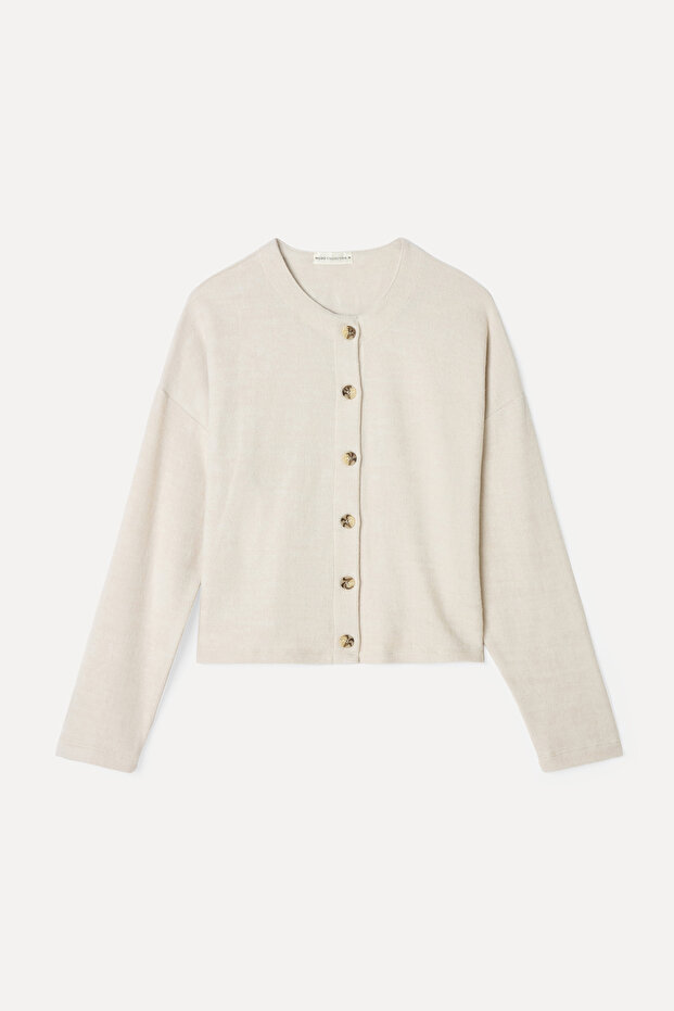 Women's Stone Color Crew Neck Buttoned Cardigan