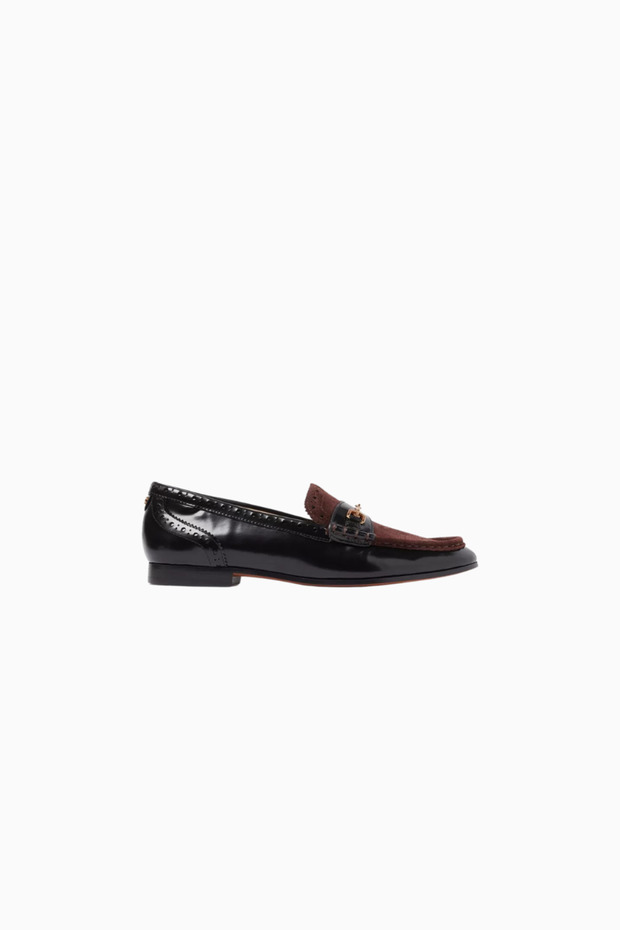 Liona Black Leather Suede Detailed, Gold Buckle Women's Loafer Shoes