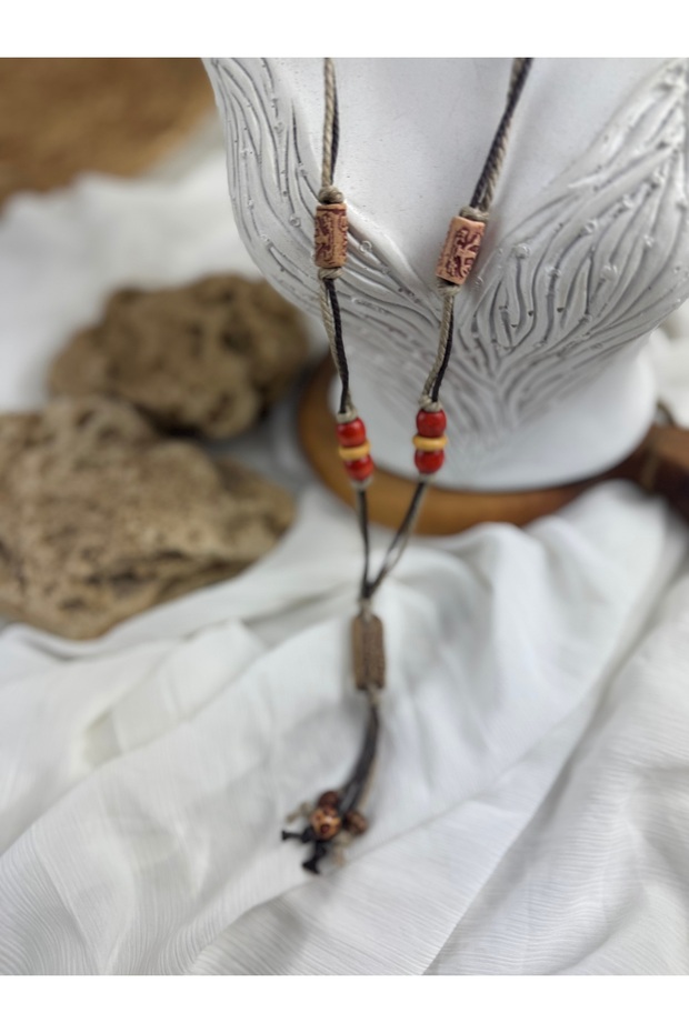 Ahşap işlemeli uzun bohem kolye - 3