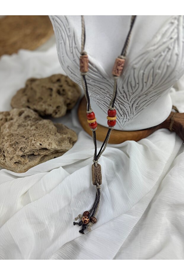Ahşap işlemeli uzun bohem kolye - 1