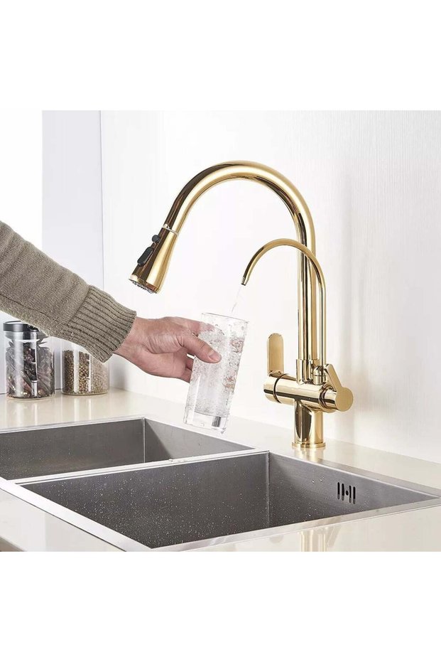 Gold Kitchen Sink Faucet with Spiral Dual Flow Water Purifier Outlet