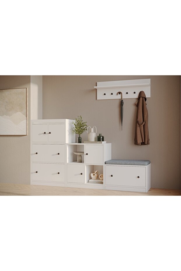 Çok Amaçlı ve Çok Fonksiyonlu Modern 7 Kapaklı Askılıklı ve Puflu Ayakkabılık - 2